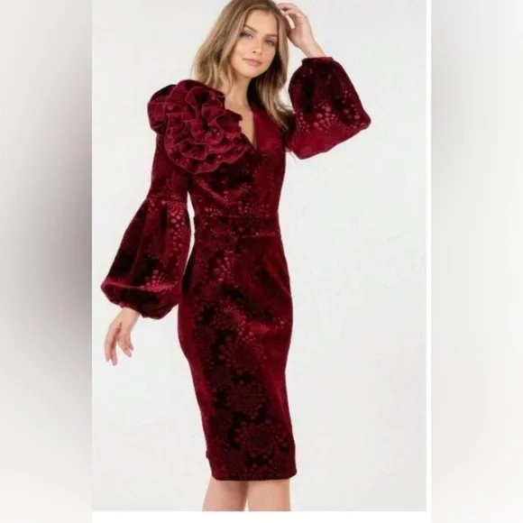 VELVET FITTED MIDI DRESS WITH PUFF SLEEVES SIZE M - Picture 2 of 11